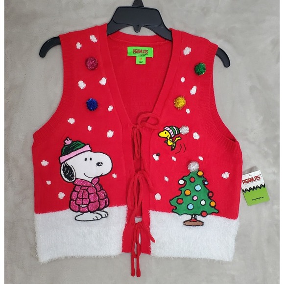 Peanuts Sweaters - Peanuts Snoopy Christmas Sweater Vest Womens Size M Ugly Holiday Red NWT